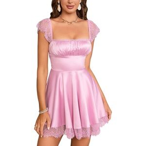Eynmin Women’s Lace Strap Mini Dress Satin Square Neck Flowy Aline Ruffle